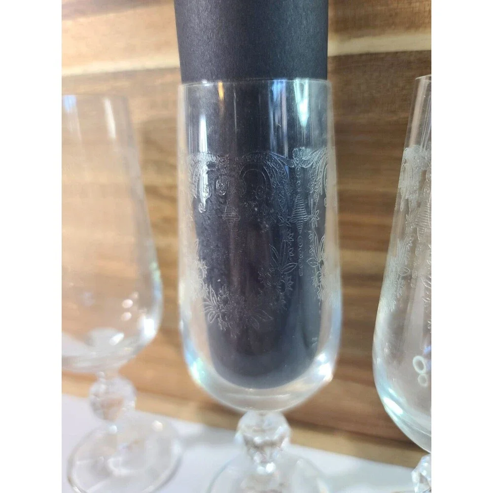 Set of 3 Vintage Etched Water Juice Cocktail Goblets Ball Stem Glasses
